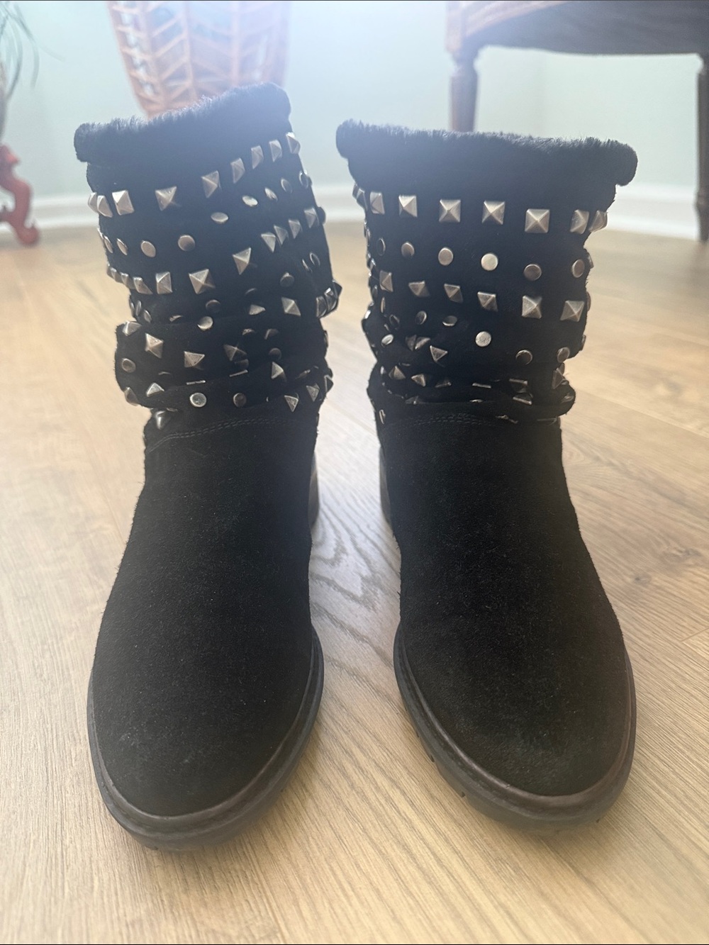 Stuart Weitzman  Arctica Studded Black Suede & Faux slouchy boots